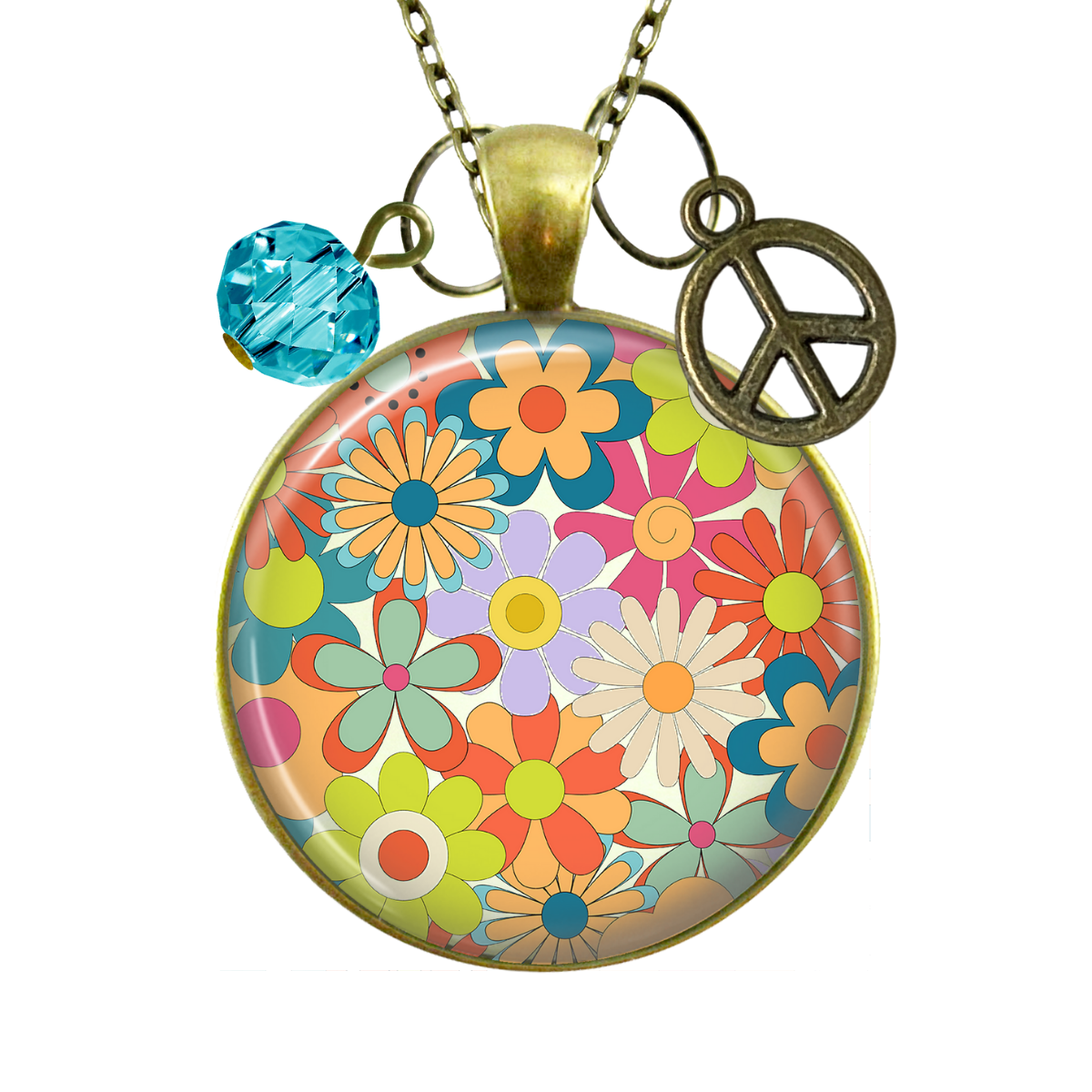 Groovy Flowers 70s Fashion Inspired Retro Necklace Bronze Pendant Summer Style Peace Symbol Charm