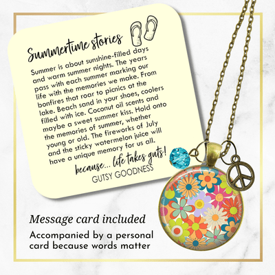 Groovy Flowers 70s Fashion Inspired Retro Necklace Bronze Pendant Summer Style Peace Symbol Charm  Necklace - Gutsy Goodness Handmade Jewelry