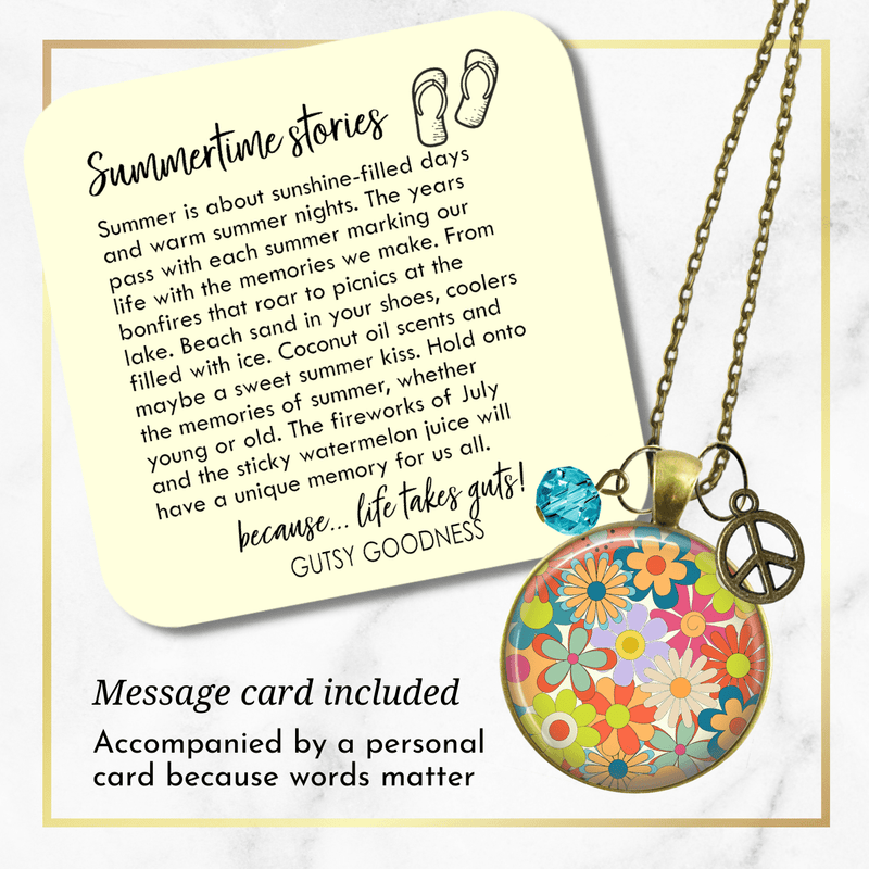 Groovy Flowers 70s Fashion Inspired Retro Necklace Bronze Pendant Summer Style Peace Symbol Charm  Necklace - Gutsy Goodness Handmade Jewelry