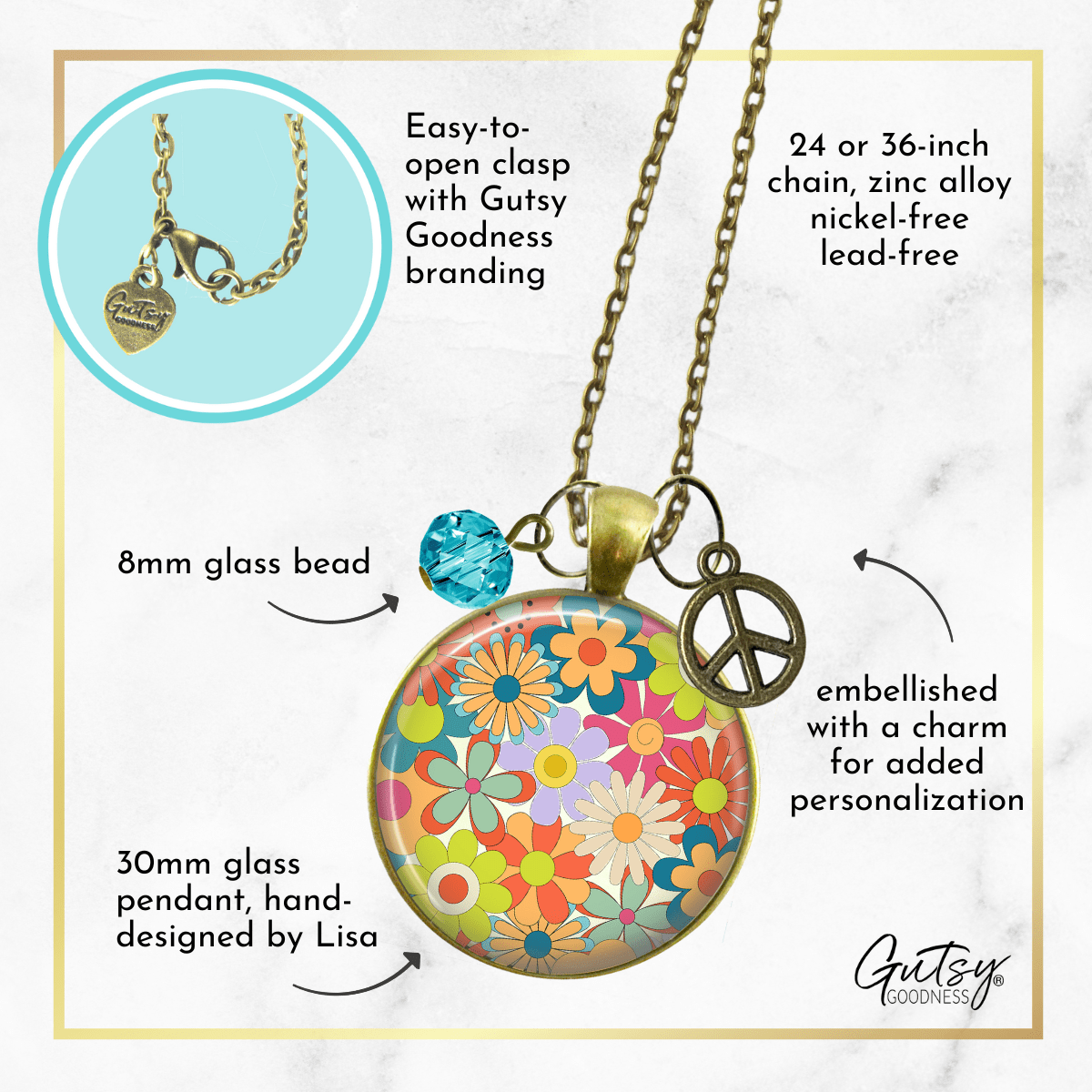 Groovy Flowers 70s Fashion Inspired Retro Necklace Bronze Pendant Summer Style Peace Symbol Charm  Necklace - Gutsy Goodness Handmade Jewelry
