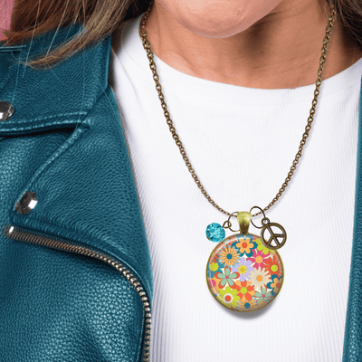 Groovy Flowers 70s Fashion Inspired Retro Necklace Bronze Pendant Summer Style Peace Symbol Charm  Necklace - Gutsy Goodness Handmade Jewelry