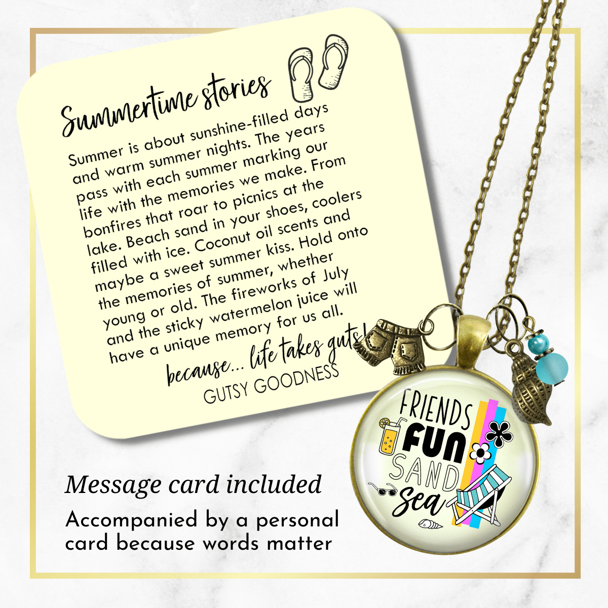 Friends Fun Sand Sea Charm Necklace Summer Ocean Handmade Beach Vacay Jewelry Sea Glass Style Bead  Necklace - Gutsy Goodness Handmade Jewelry