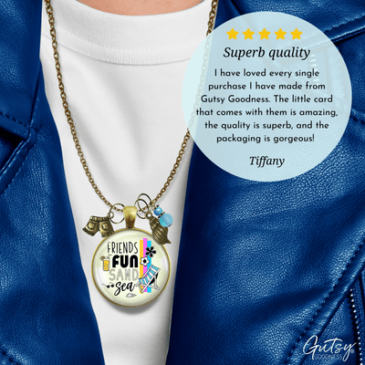 Friends Fun Sand Sea Charm Necklace Summer Ocean Handmade Beach Vacay Jewelry Sea Glass Style Bead  Necklace - Gutsy Goodness Handmade Jewelry