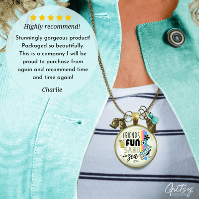 Friends Fun Sand Sea Charm Necklace Summer Ocean Handmade Beach Vacay Jewelry Sea Glass Style Bead  Necklace - Gutsy Goodness Handmade Jewelry