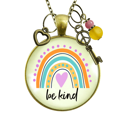 Be Kind Summer Boho Style Rainbow Necklace Peace Symbol Charm Pendant Vintage Vibe Gift Jewelry  Necklace - Gutsy Goodness Handmade Jewelry