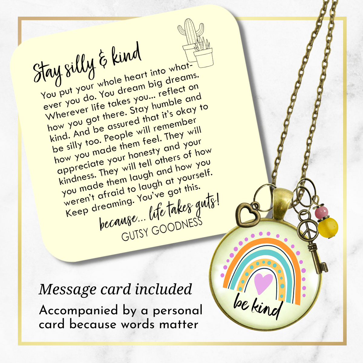 Be Kind Summer Boho Style Rainbow Necklace Peace Symbol Charm Pendant Vintage Vibe Gift Jewelry  Necklace - Gutsy Goodness Handmade Jewelry