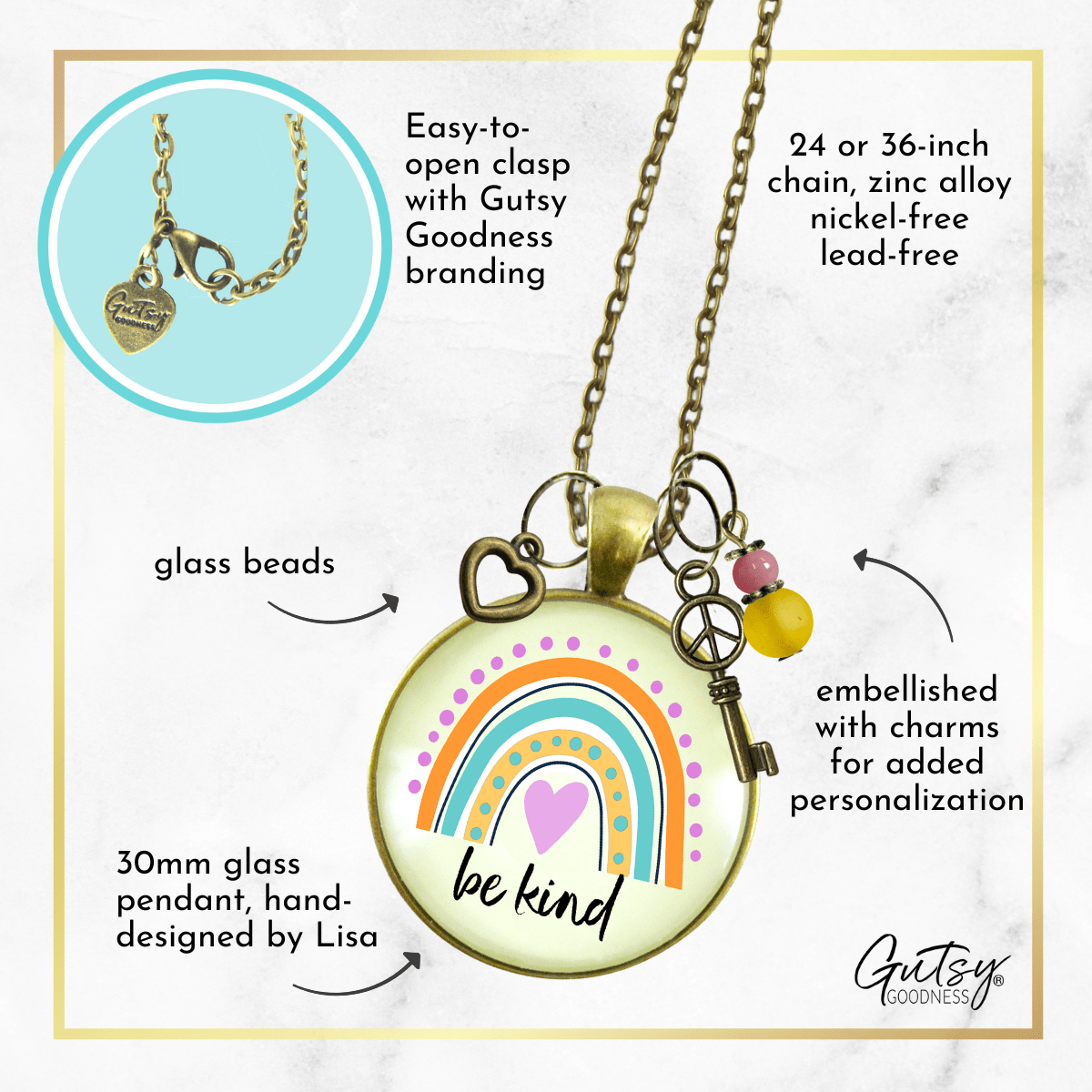 Be Kind Summer Boho Style Rainbow Necklace Peace Symbol Charm Pendant Vintage Vibe Gift Jewelry  Necklace - Gutsy Goodness Handmade Jewelry