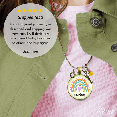 Be Kind Summer Boho Style Rainbow Necklace Peace Symbol Charm Pendant Vintage Vibe Gift Jewelry  Necklace - Gutsy Goodness Handmade Jewelry
