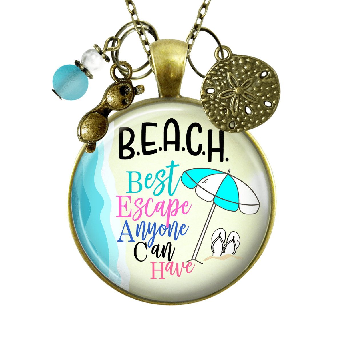 Beach Necklace Best Escape Summer Ocean Theme Handmade Pendant Vacation Jewelry Tropical Sea Glass Style Bead Sunglasses Sand Dollar Charm  Necklace - Gutsy Goodness Handmade Jewelry