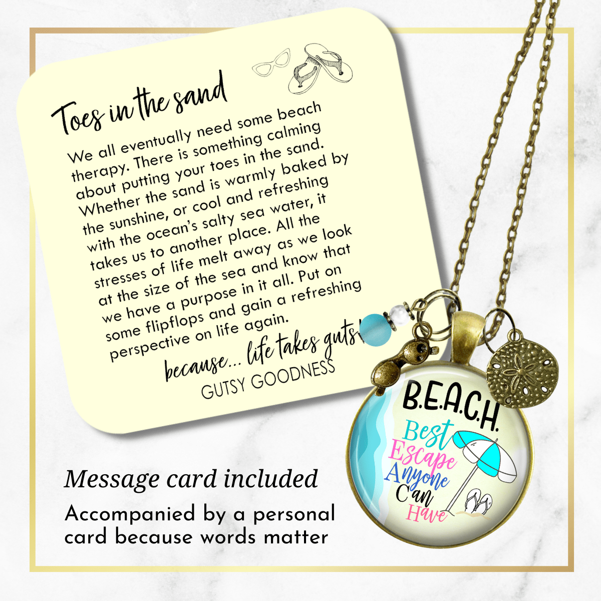 Beach Necklace Best Escape Summer Ocean Theme Handmade Pendant Vacation Jewelry Tropical Sea Glass Style Bead Sunglasses Sand Dollar Charm  Necklace - Gutsy Goodness Handmade Jewelry