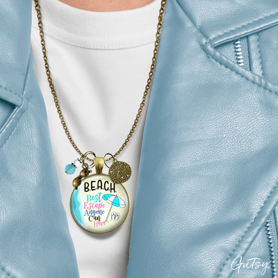 Beach Necklace Best Escape Summer Ocean Theme Handmade Pendant Vacation Jewelry Tropical Sea Glass Style Bead Sunglasses Sand Dollar Charm  Necklace - Gutsy Goodness Handmade Jewelry
