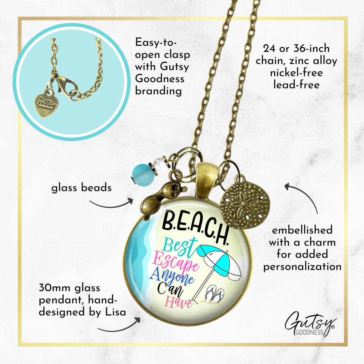 Beach Necklace Best Escape Summer Ocean Theme Handmade Pendant Vacation Jewelry Tropical Sea Glass Style Bead Sunglasses Sand Dollar Charm  Necklace - Gutsy Goodness Handmade Jewelry