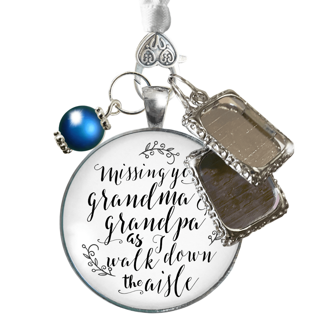 Wedding Bouquet Charm Missing Grandma Grandpa Wedding Day White Silver 2 Frames Blue Bead - Gutsy Goodness