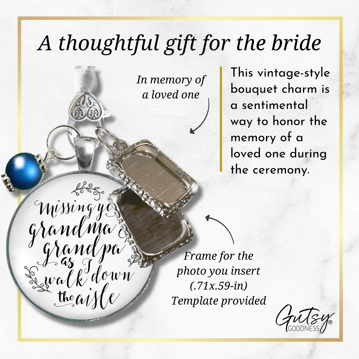 Wedding Bouquet Charm Missing Grandma Grandpa Wedding Day White Silver 2 Frames Blue Bead - Gutsy Goodness