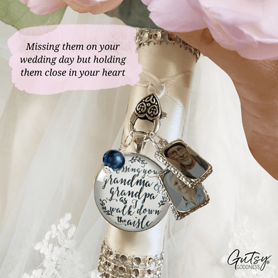 Wedding Bouquet Charm Missing Grandma Grandpa Wedding Day White Silver 2 Frames Blue Bead - Gutsy Goodness