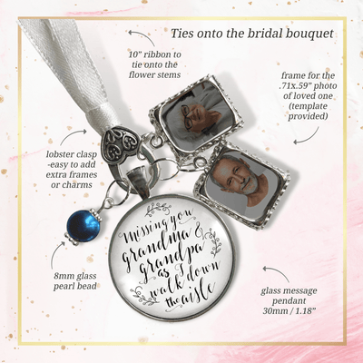 Wedding Bouquet Charm Missing Grandma Grandpa Wedding Day White Silver 2 Frames Blue Bead - Gutsy Goodness