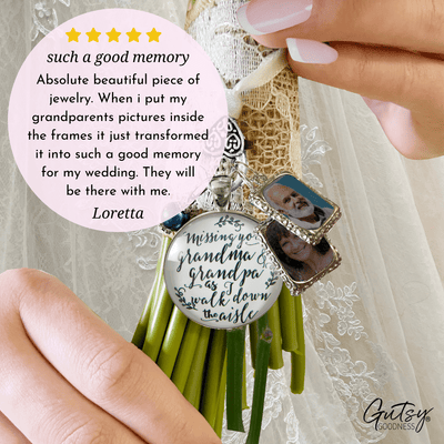 Wedding Bouquet Charm Missing Grandma Grandpa Wedding Day White Silver 2 Frames Blue Bead - Gutsy Goodness