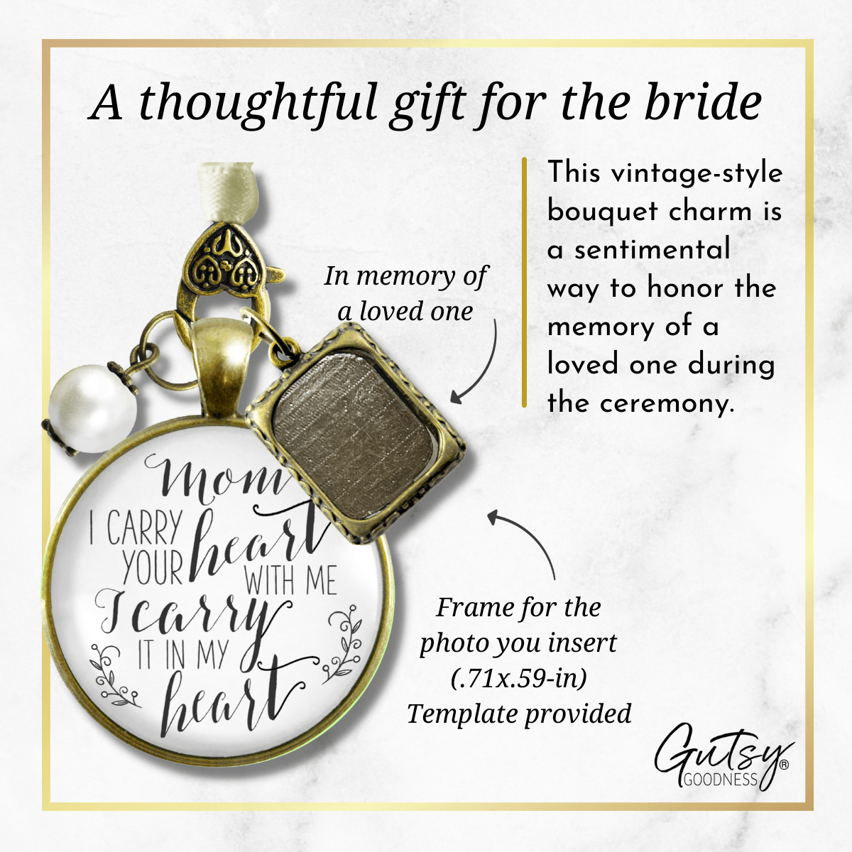 Bridal Bouquet Photo Charm Mom I Carry Your Heart Wedding White Mother Memory Jewel - Gutsy Goodness