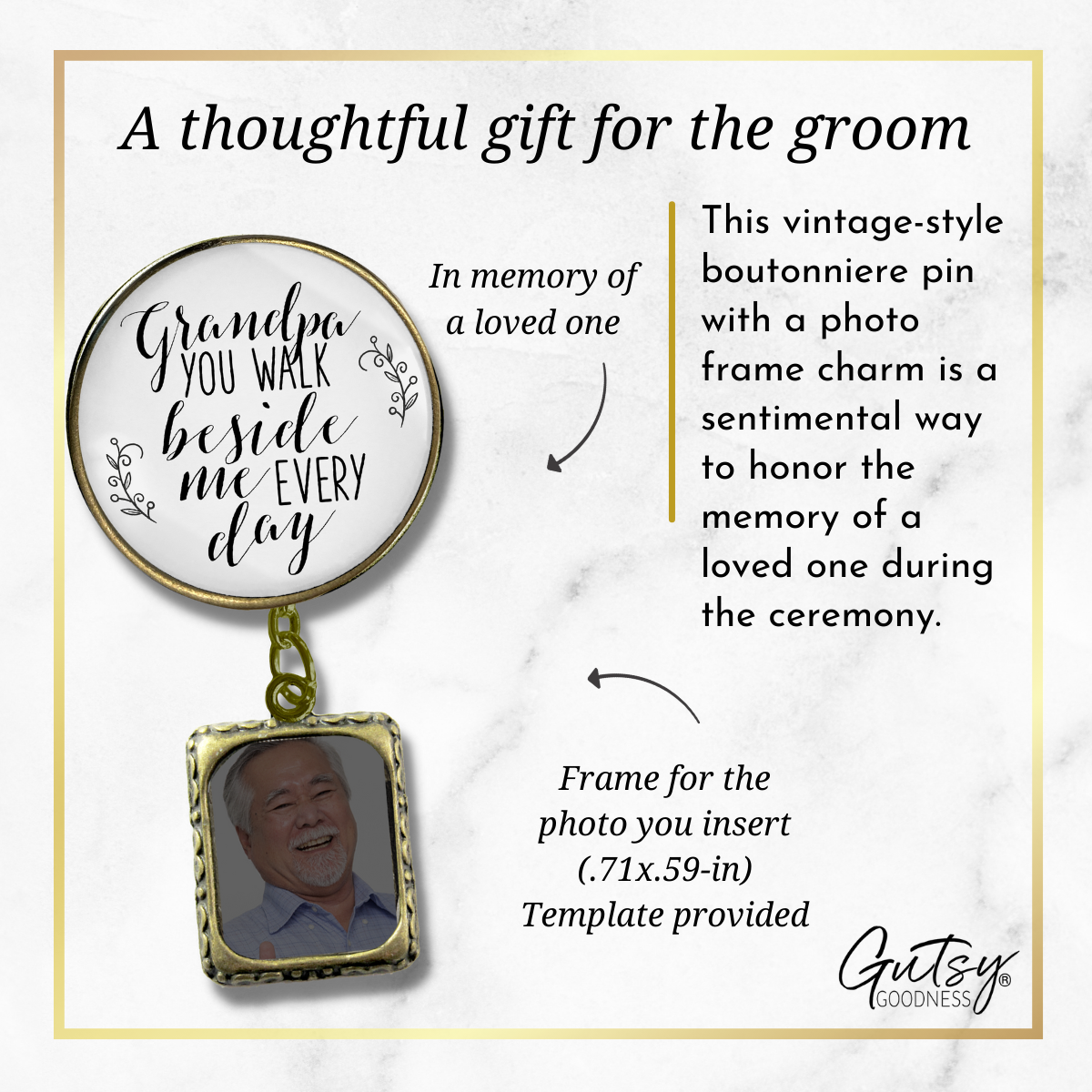 Wedding Memorial Boutonniere Pin Photo Frame Honor Grandpa Vintage White For Men - Gutsy Goodness