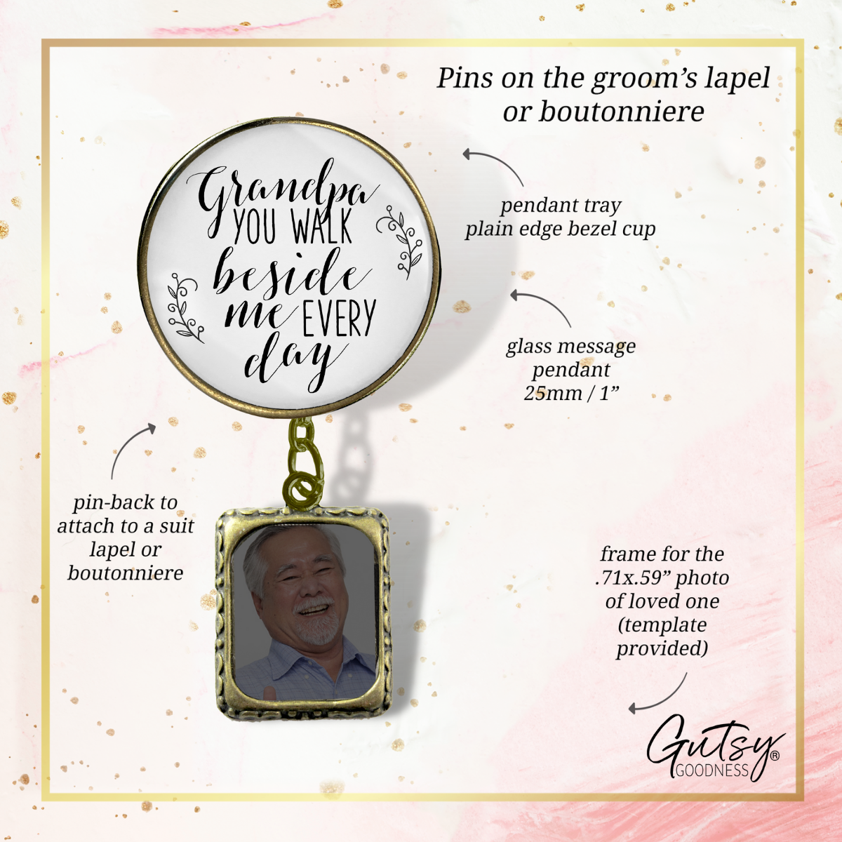 Wedding Memorial Boutonniere Pin Photo Frame Honor Grandpa Vintage White For Men - Gutsy Goodness
