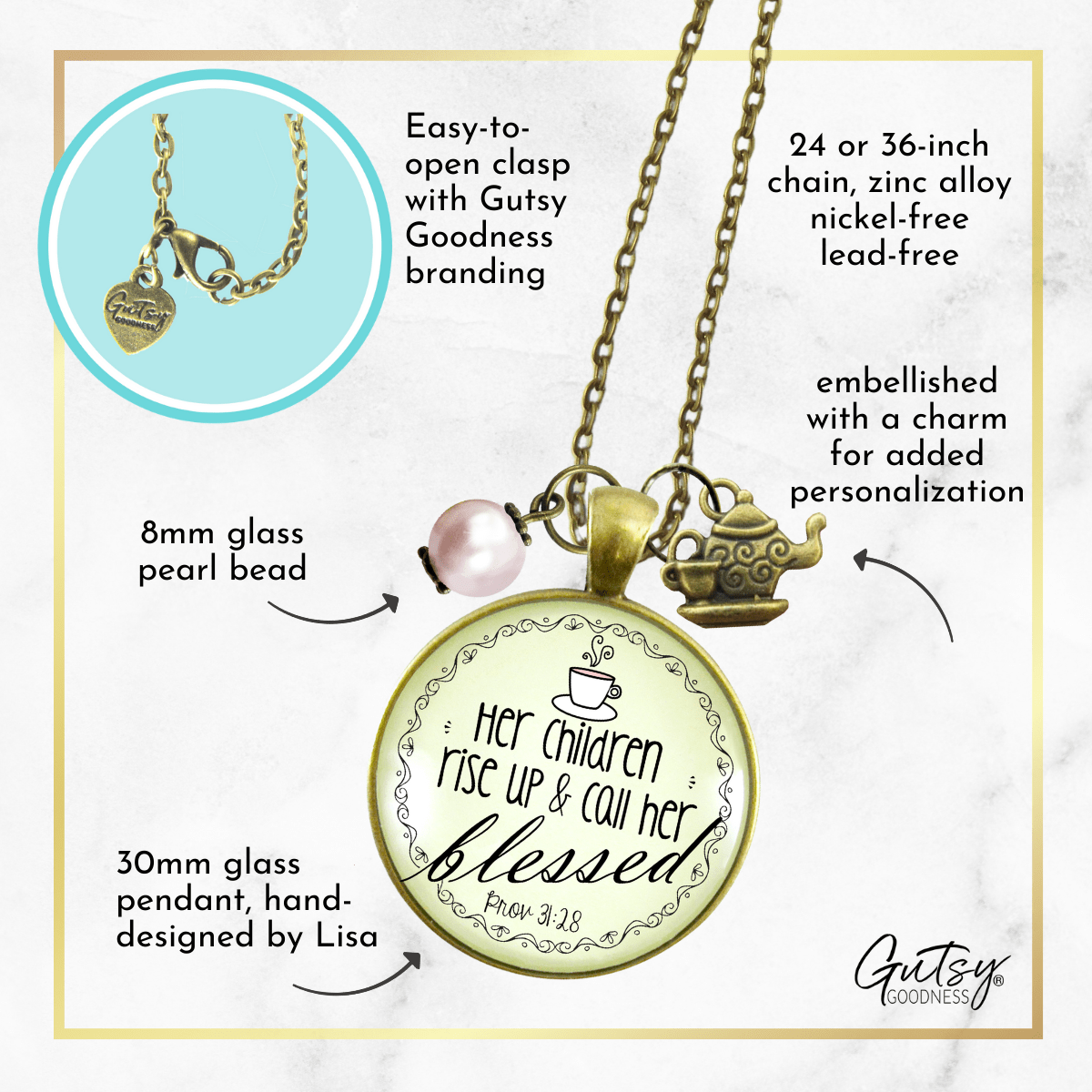 Gutsy Goodness Blessed Mother Necklace Proverb 31 Christian Mom Jewelry Teapot Charm - Gutsy Goodness;Blessed Mother Necklace Proverb 31 Christian Mom Jewelry Teapot Charm - Gutsy Goodness Handmade Jewelry Gifts