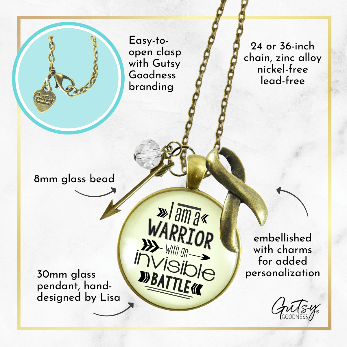Gutsy Goodness I am a Warrior Invisible Battle Necklace Strong Women Quote Charm - Gutsy Goodness Handmade Jewelry;I Am A Warrior Invisible Battle Necklace Strong Women Quote Charm - Gutsy Goodness Handmade Jewelry Gifts