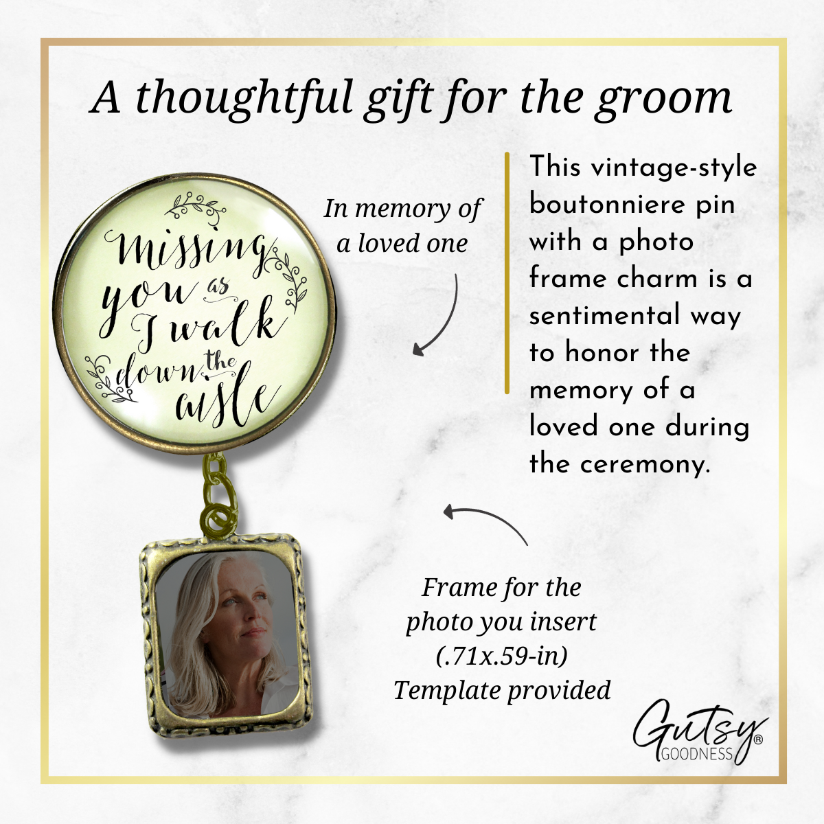 Wedding Memorial Boutonniere Pin Photo Frame Missing You Today Vintage Cream For Men - Gutsy Goodness
