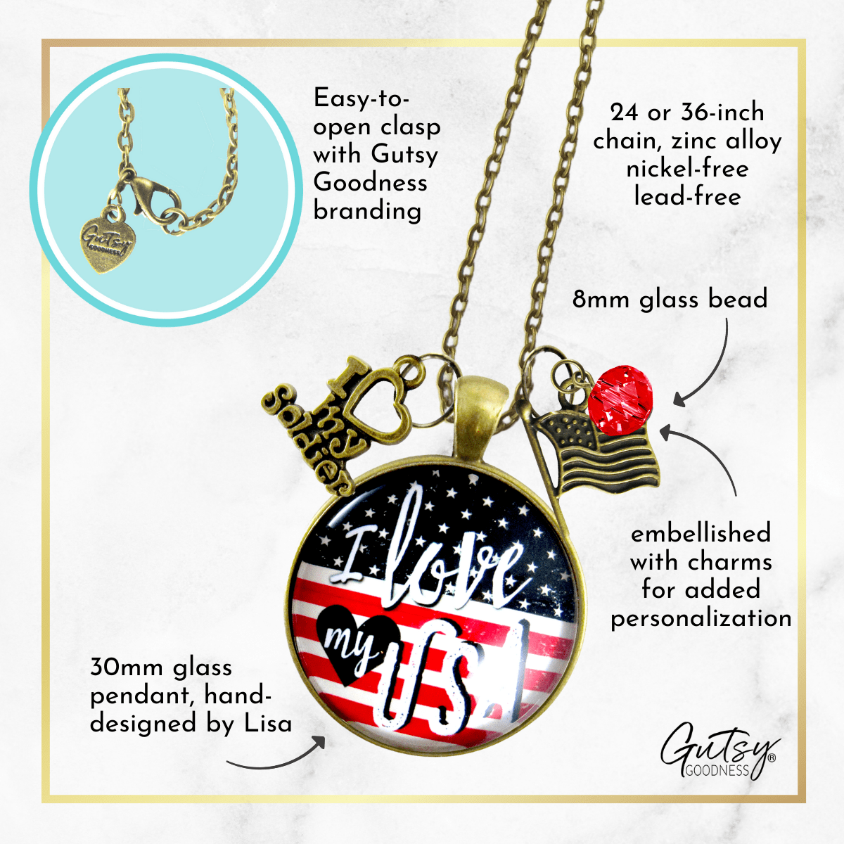 Gutsy Goodness I Love My Soldier Necklace American Flag USA Patriotic Pendant - Gutsy Goodness Handmade Jewelry;I Love My Soldier Necklace American Flag Usa Patriotic Pendant - Gutsy Goodness Handmade Jewelry Gifts