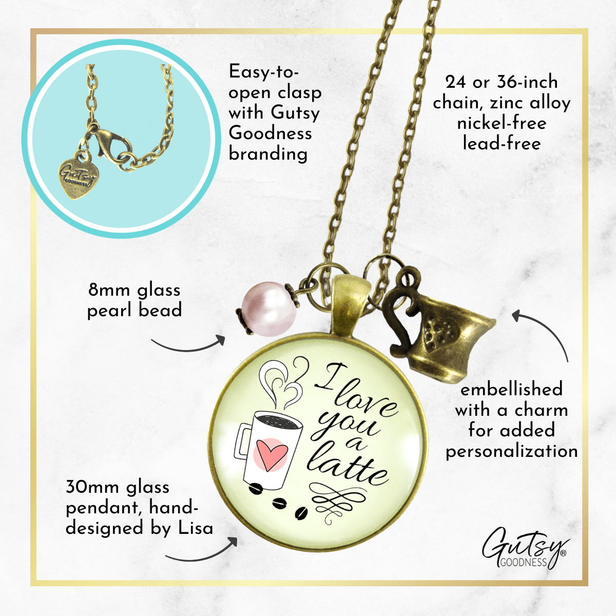 Gutsy Goodness Coffee Necklace Love You Latte Romantic Quote Caffeine Jewelry Gift - Gutsy Goodness;Coffee Necklace Love You Latte Romantic Quote Caffeine Jewelry Gift - Gutsy Goodness Handmade Jewelry Gifts