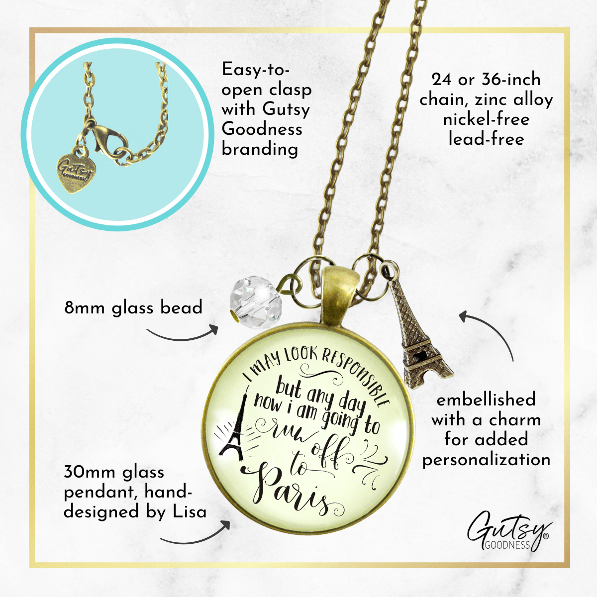 Gutsy Goodness Paris Necklace I May France Themed Jewelry Quote Eiffel Tower Charm Gift - Gutsy Goodness;Paris Necklace I May France Themed Jewelry Quote Eiffel Tower Charm Gift - Gutsy Goodness Handmade Jewelry Gifts
