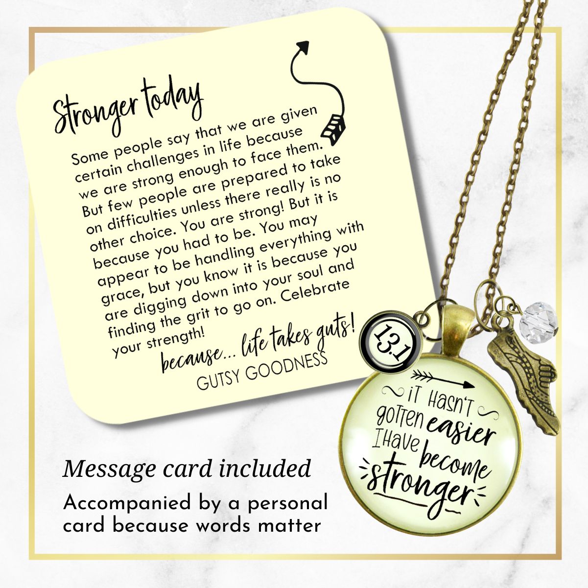 Gutsy Goodness 13.1 Marathon Runner Necklace Hasn't Gotten Easier Stronger Athlete Mantra Jewel - Gutsy Goodness Handmade Jewelry