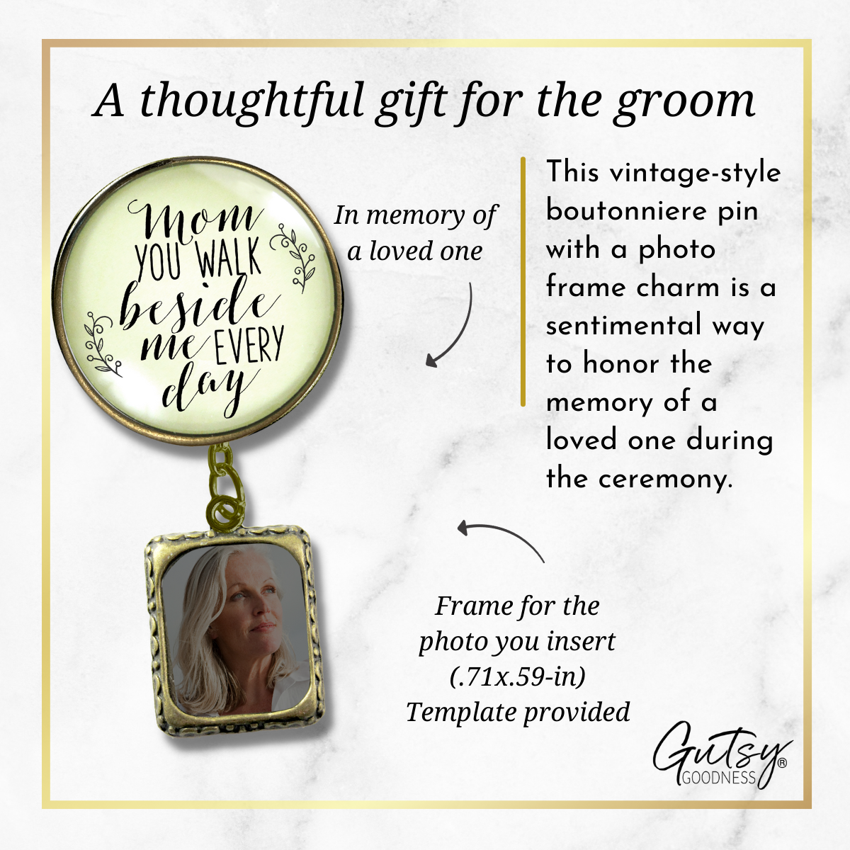 Wedding Memorial Boutonniere Pin Photo Frame Honor Mom Vintage Cream For Men - Gutsy Goodness