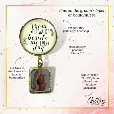 Wedding Memorial Boutonniere Pin Photo Frame Honor Mom Vintage Cream For Men - Gutsy Goodness