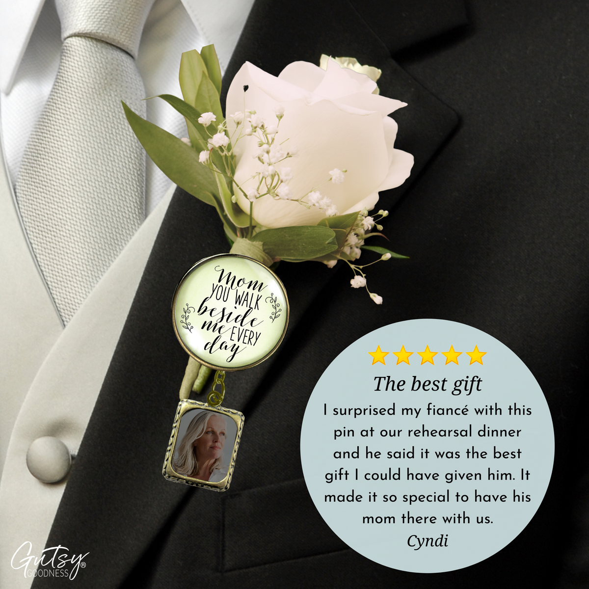 Wedding Memorial Boutonniere Pin Photo Frame Honor Mom Vintage Cream For Men - Gutsy Goodness