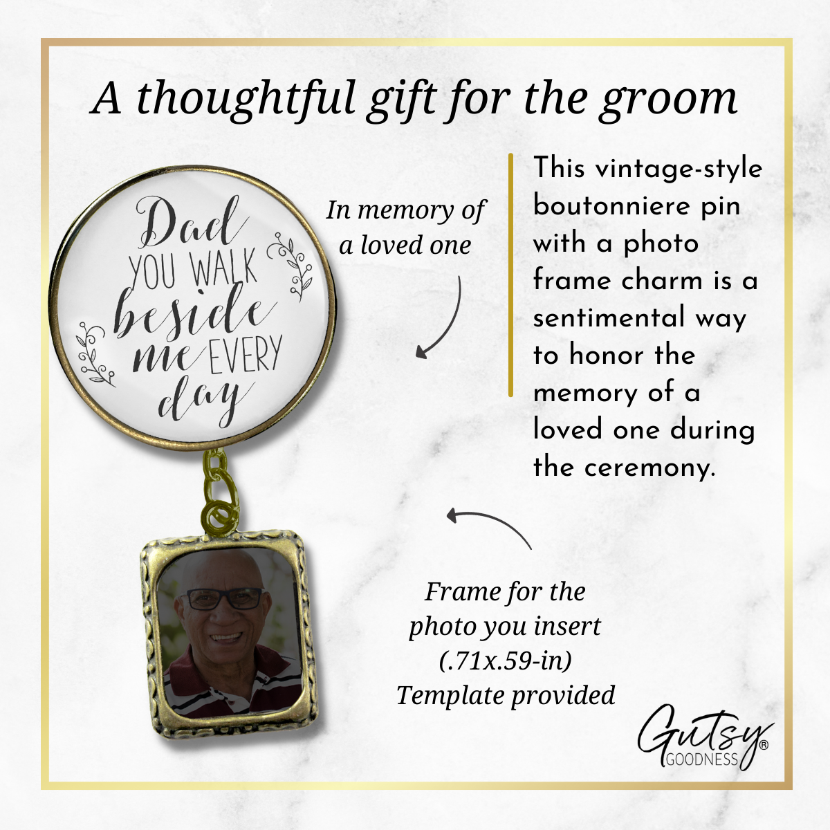 Wedding Memorial Boutonniere Pin Photo Frame Honor Father Dad Vintage White For Men - Gutsy Goodness