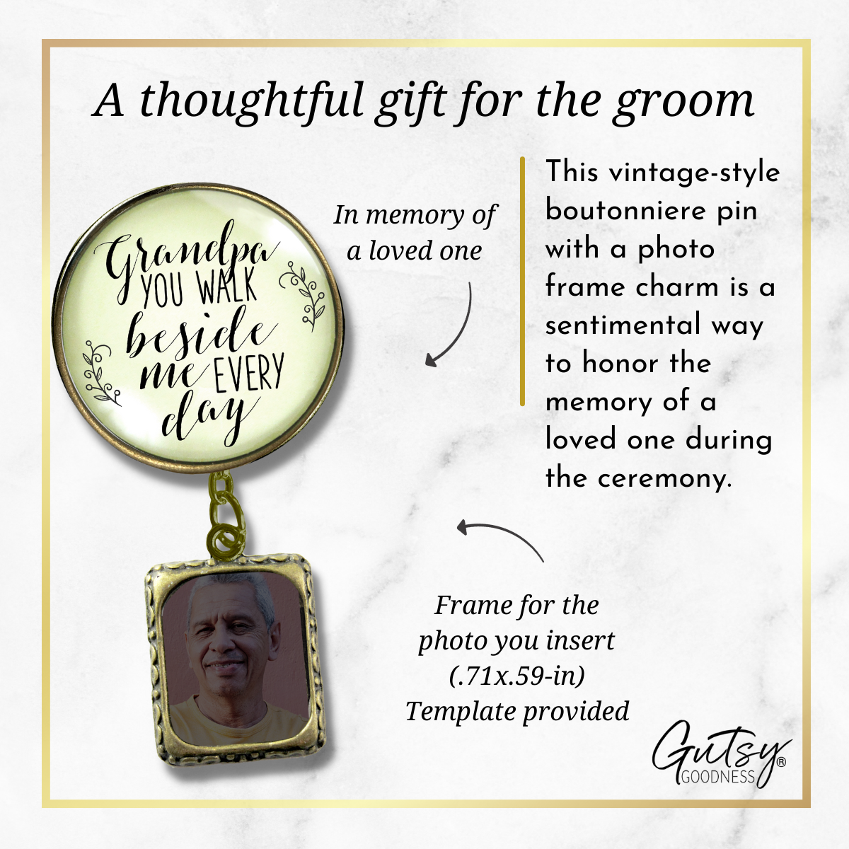 Wedding Memorial Boutonniere Pin Photo Frame Honor Grandpa Vintage Cream For Men - Gutsy Goodness