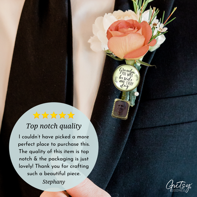 Wedding Memorial Boutonniere Pin Photo Frame Honor Grandpa Vintage Cream For Men - Gutsy Goodness