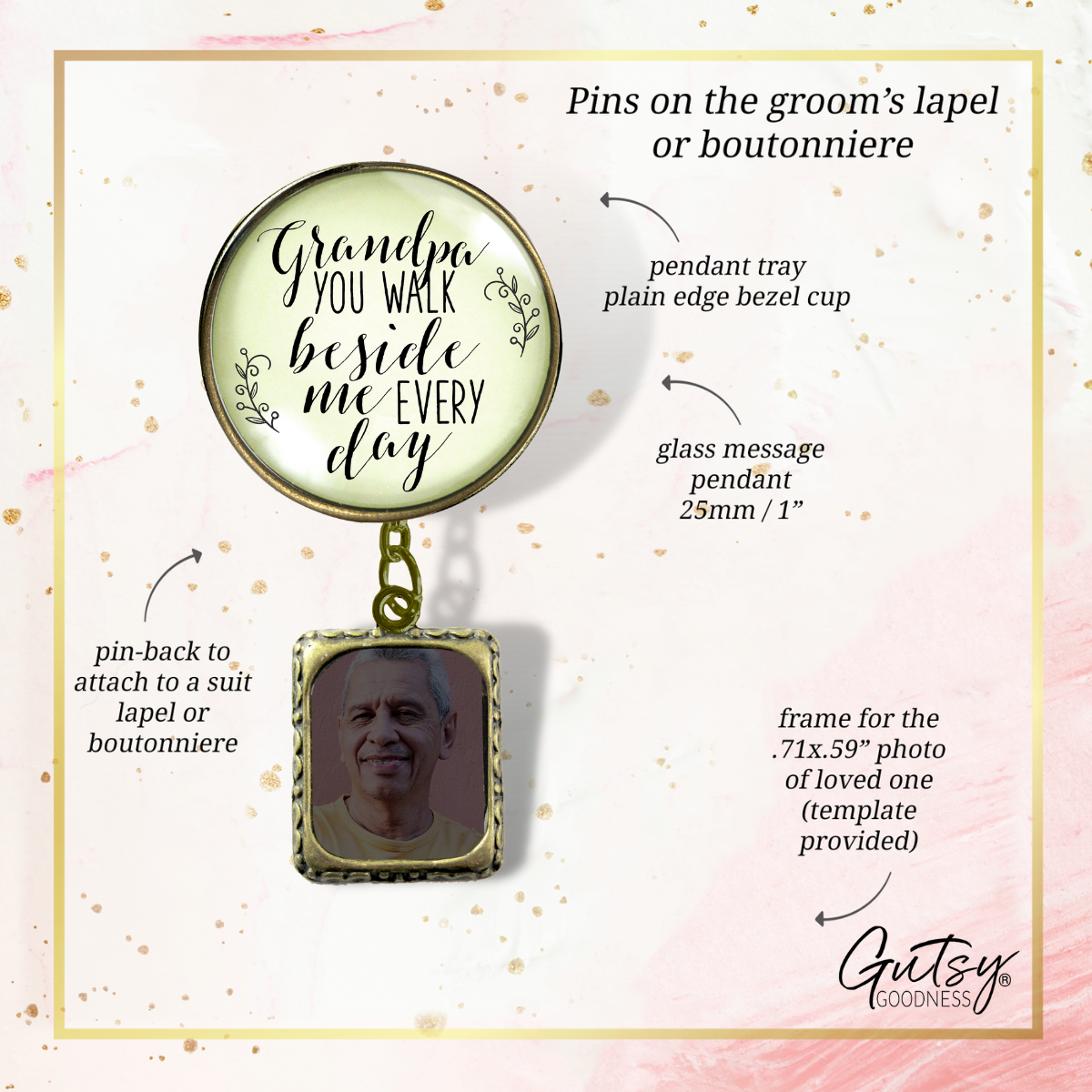 Wedding Memorial Boutonniere Pin Photo Frame Honor Grandpa Vintage Cream For Men - Gutsy Goodness