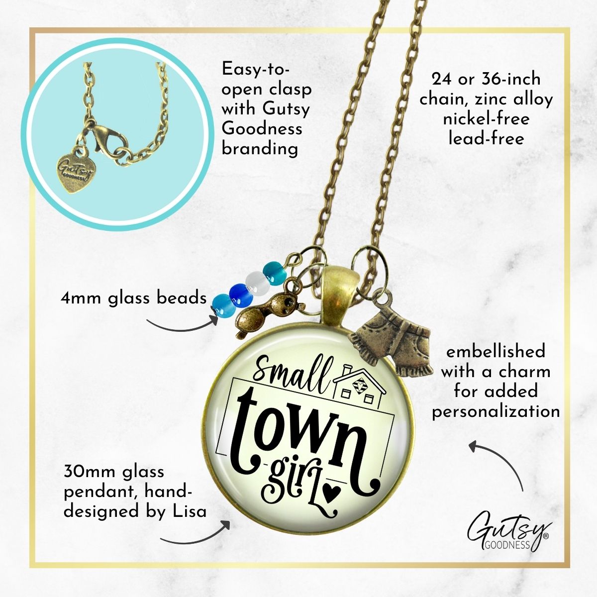 Handmade Gutsy Goodness Jewelry Small Town Girl Necklace Boho Handmade Fashion Jewelry Denim Shorts & Sunglasses Charms & Card