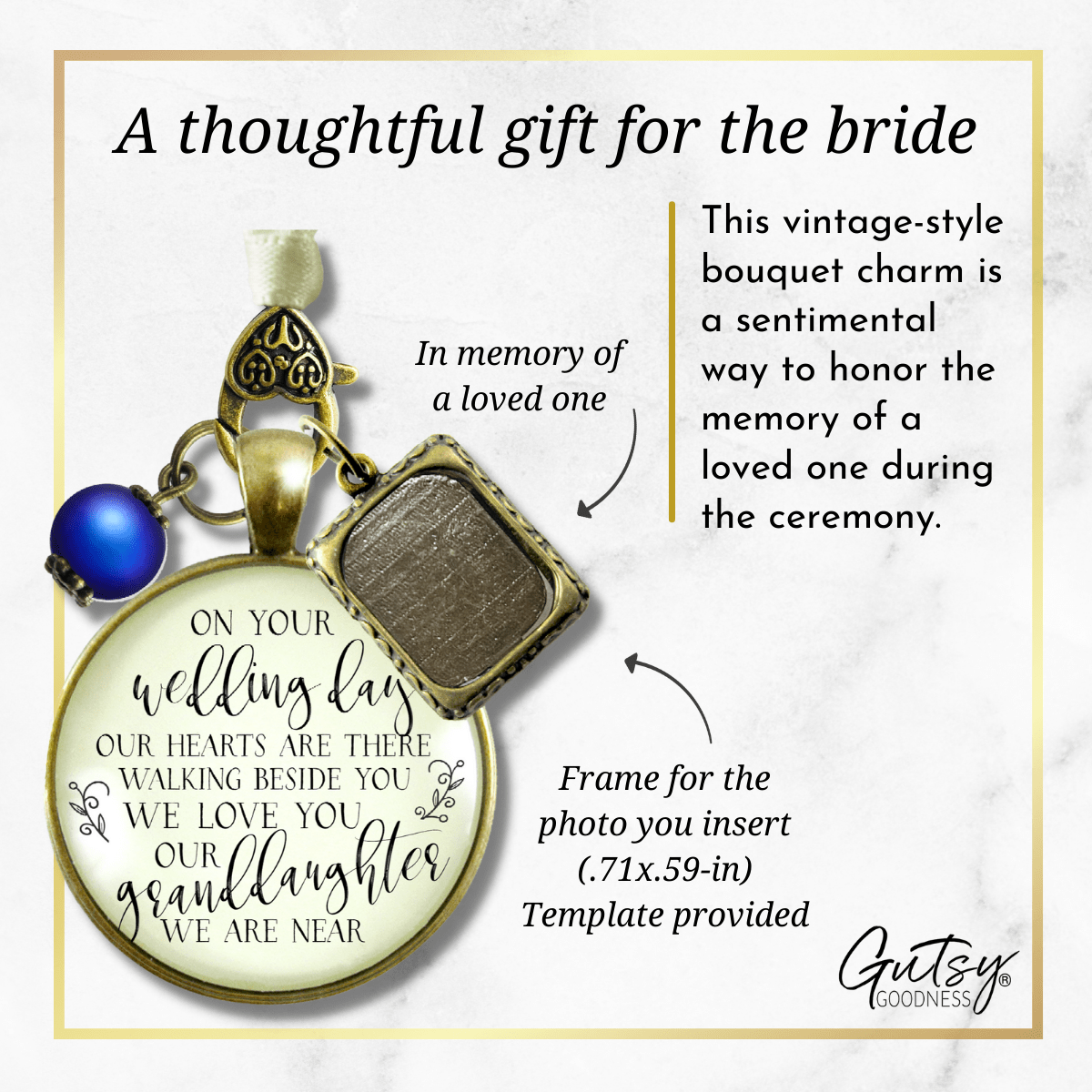 On Your Wedding Day OUR Heart Is There Walking Beside You GRANDDAUGHTER - BRONZE - CREAM - BLUE BEAD