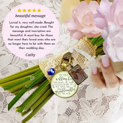 On Your Wedding Day OUR Heart Is There Walking Beside You GRANDDAUGHTER - BRONZE - CREAM - BLUE BEAD