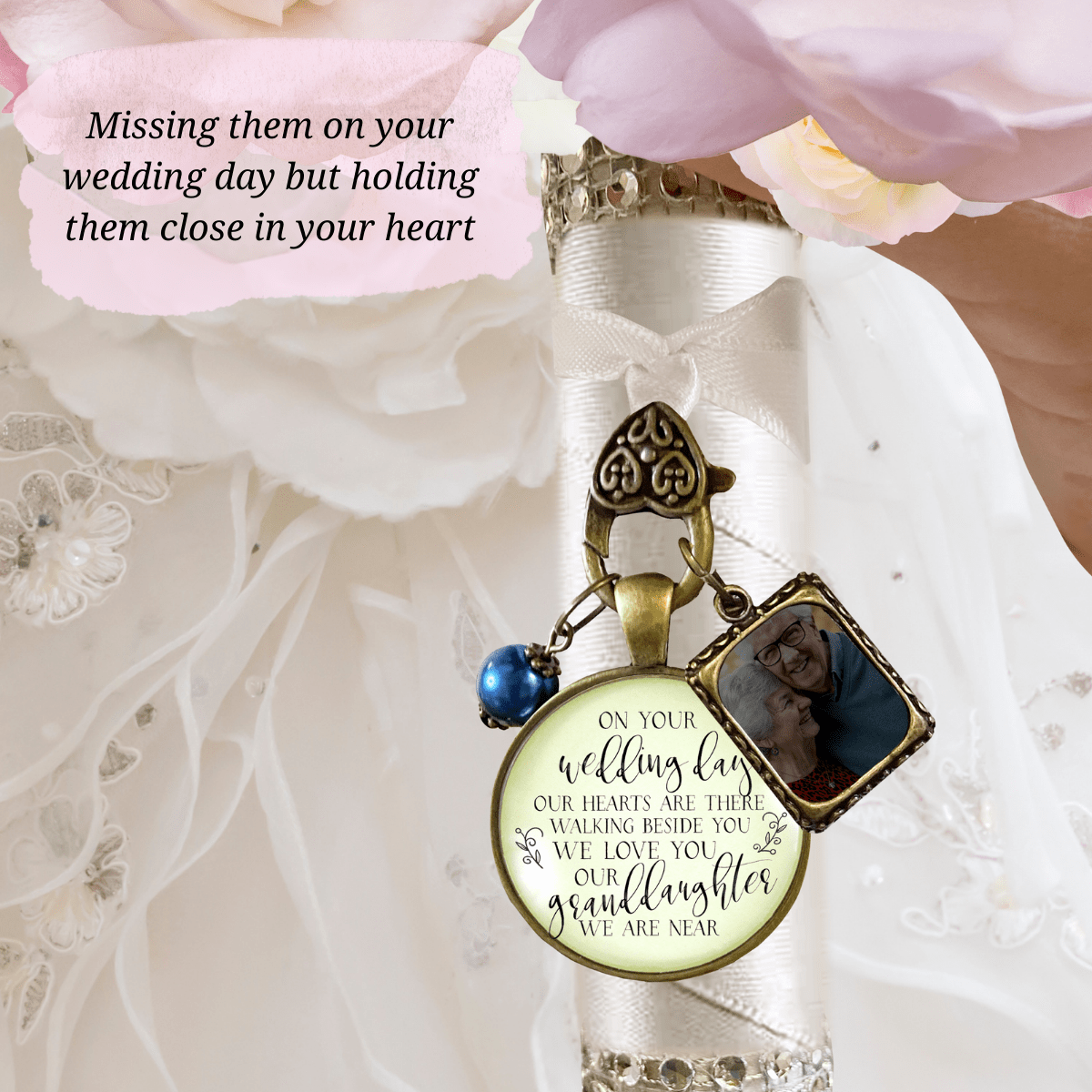 On Your Wedding Day OUR Heart Is There Walking Beside You GRANDDAUGHTER - BRONZE - CREAM - BLUE BEAD