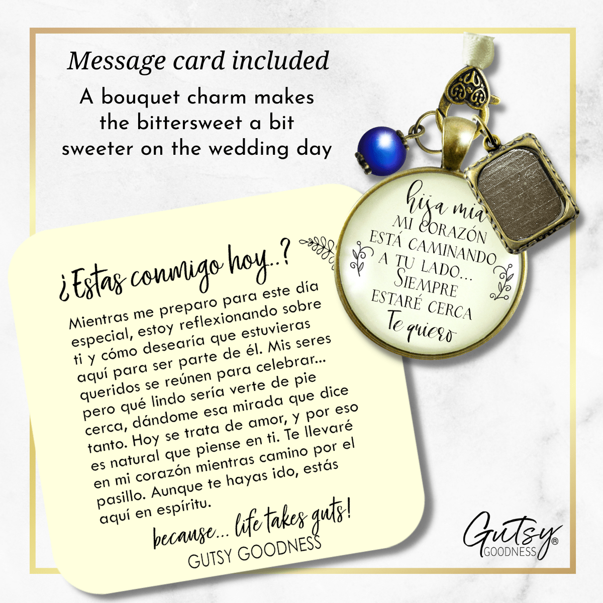 On Your Wedding Day SPANISH MY Heart Is There Walking Beside You DAUGHTER - BRONZE - CREAM - BLUE BEAD