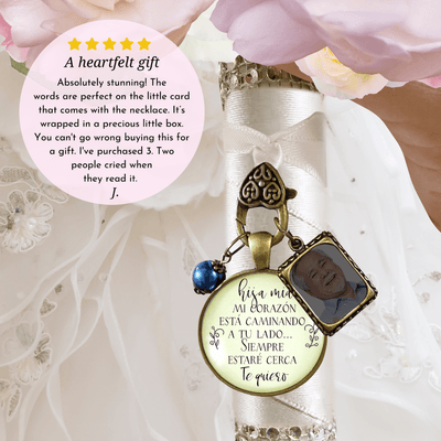 On Your Wedding Day SPANISH MY Heart Is There Walking Beside You DAUGHTER - BRONZE - CREAM - BLUE BEAD