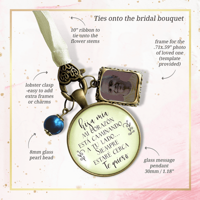 On Your Wedding Day SPANISH MY Heart Is There Walking Beside You DAUGHTER - BRONZE - CREAM - BLUE BEAD