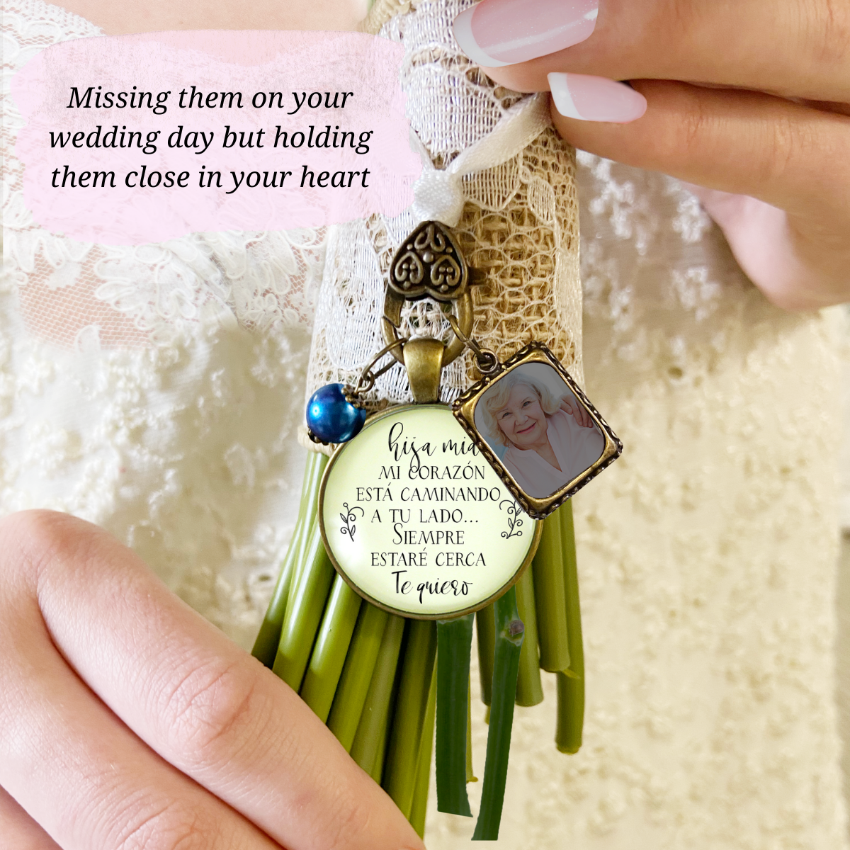 On Your Wedding Day SPANISH MY Heart Is There Walking Beside You DAUGHTER - BRONZE - CREAM - BLUE BEAD