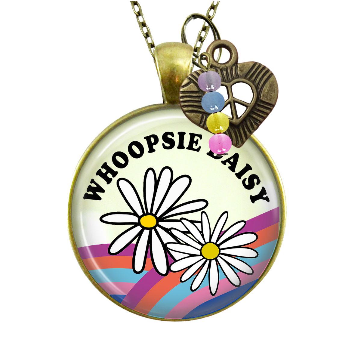 Handmade Gutsy Goodness Jewelry Whoopsie Daisy Boho Hippie Style Necklace Rainbow Pendant Jewelry Heart Peace Symbol Charm, Card