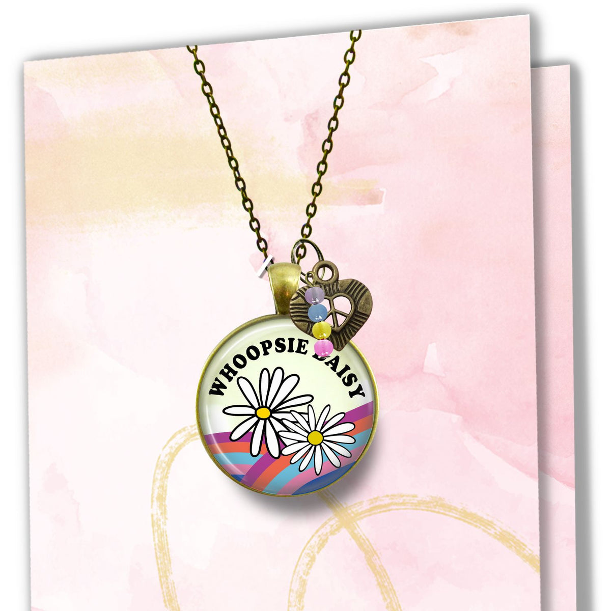 Handmade Gutsy Goodness Jewelry Whoopsie Daisy Boho Hippie Style Necklace Rainbow Pendant Jewelry Heart Peace Symbol Charm, Card