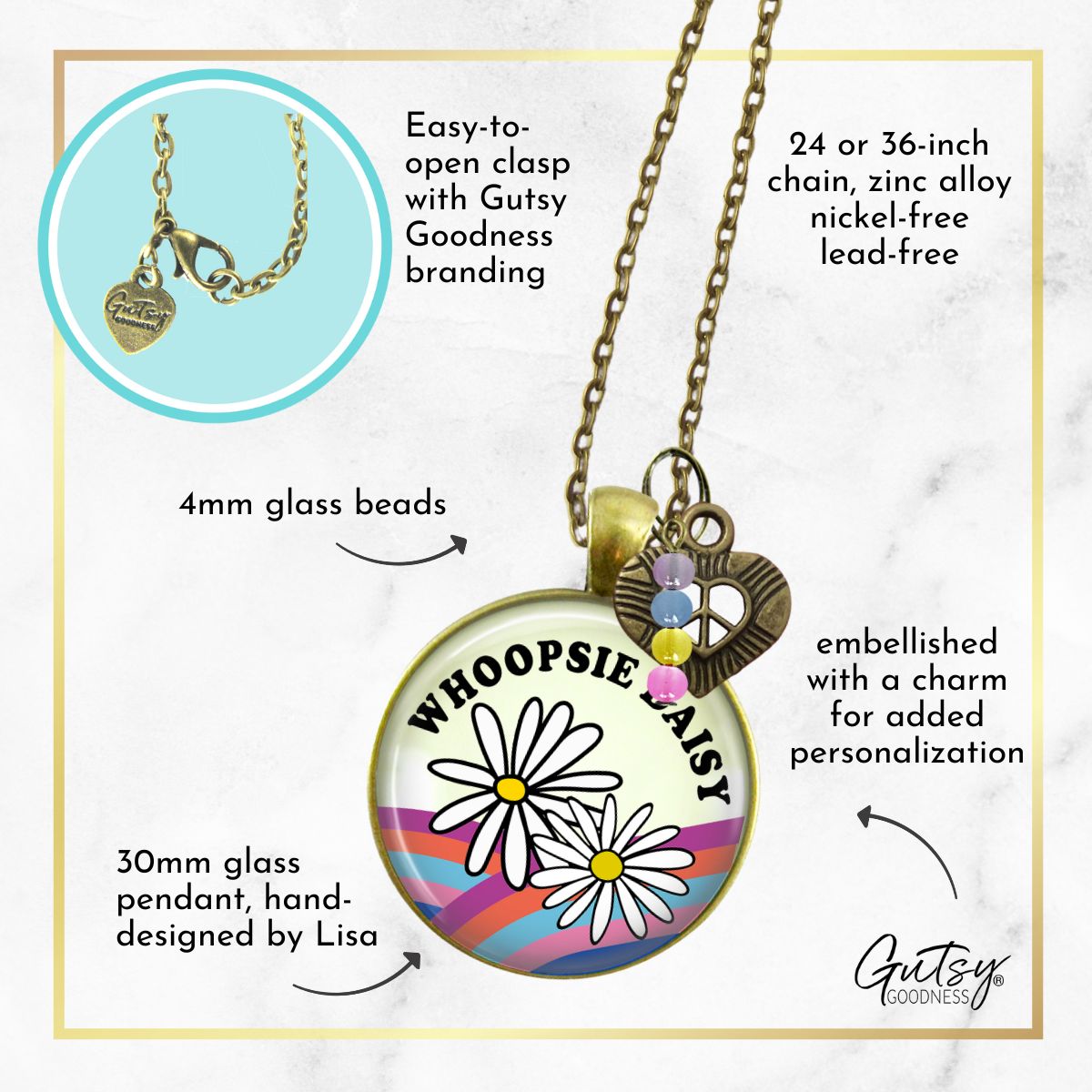 Handmade Gutsy Goodness Jewelry Whoopsie Daisy Boho Hippie Style Necklace Rainbow Pendant Jewelry Heart Peace Symbol Charm, Card