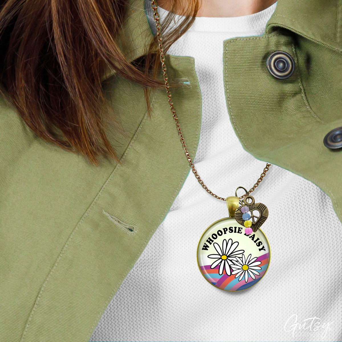 Handmade Gutsy Goodness Jewelry Whoopsie Daisy Boho Hippie Style Necklace Rainbow Pendant Jewelry Heart Peace Symbol Charm & Card